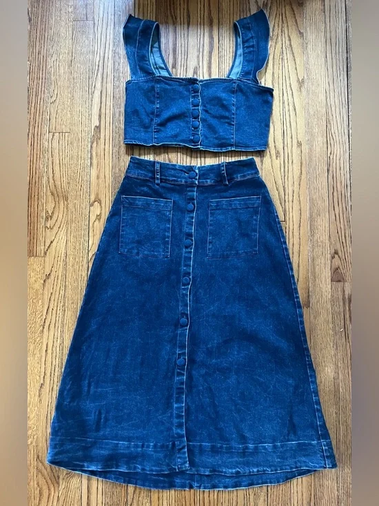Free People Denim Skirt & Top Set Indigo Womens Size S Buttons Ruffles Festival - Picture 2 of 9